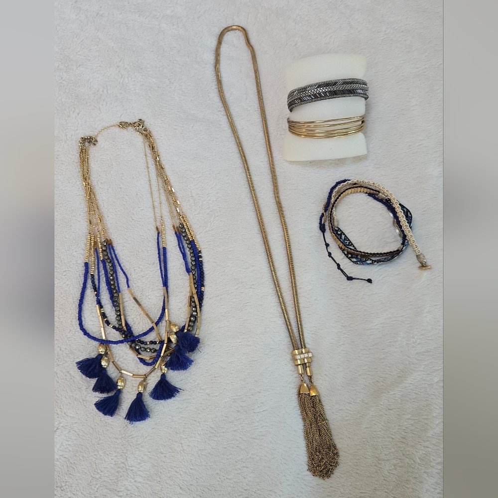 Stella & Dot Blue and Gold Tassel Necklace